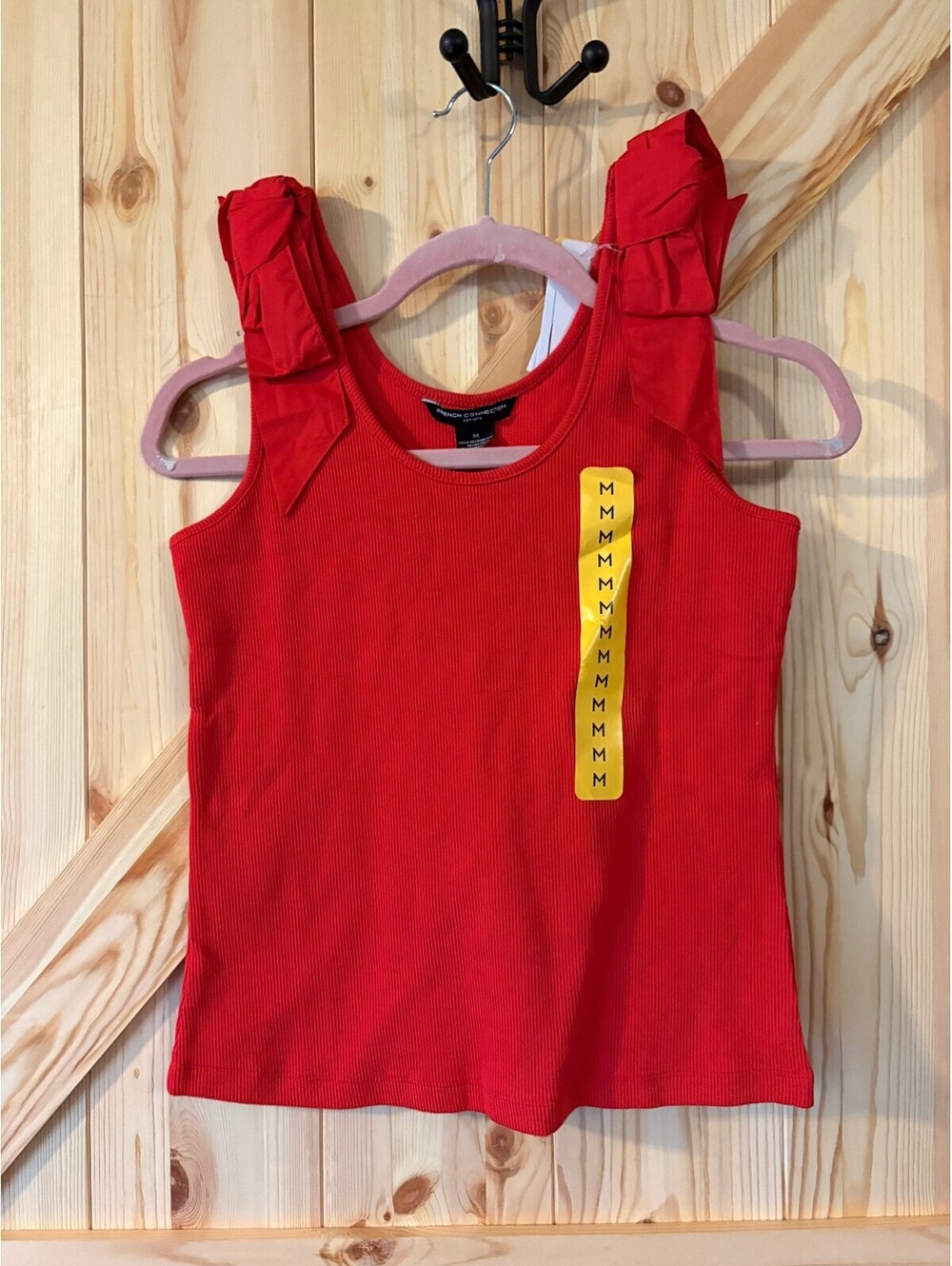 French Connection Red Ribbed Tank Top with Shoulder Bows, Size Medium NWT